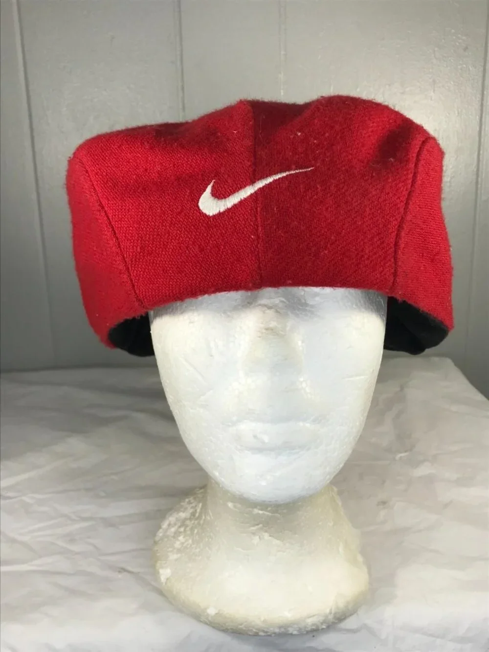 Vintage Nike Swoosh Logo Red Flat Cap XL Wool Newsboy Cabbie Golf Hat Made USA